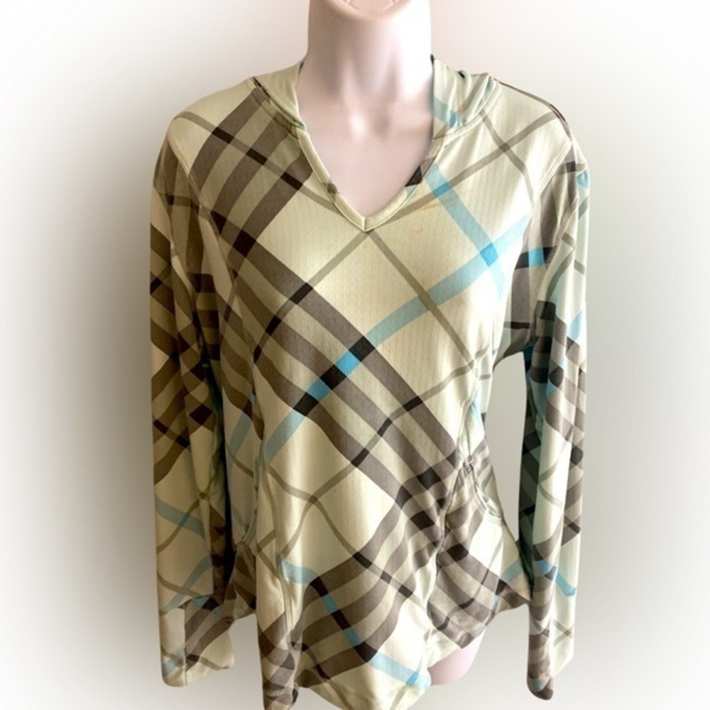 San Soleil UPF 50 Hoody - L tan white blue, nylon spandex